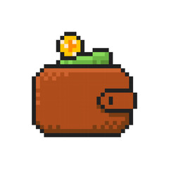 Wallet pixel art icon, wallet with money 8-bit sprite. Isolated vector illustration for pixel art games.
