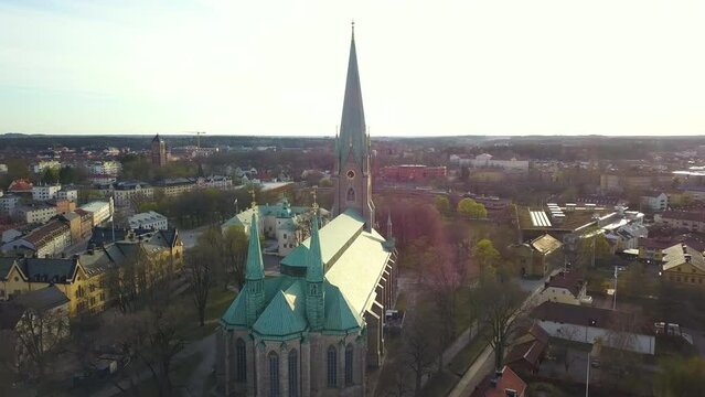 Aerial view of old historical Linkoping city in Sweden. European architecture in Scandinavian town