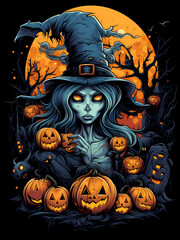 illustration d'Halloween avec des citrouilles, des chauves-souris  et des monstres