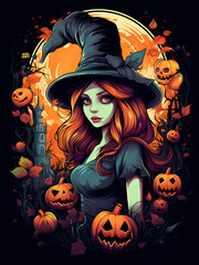 illustration d'Halloween avec des citrouilles, des chauves-souris  et des monstres