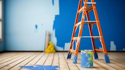 Painting a wall blue in an apartment room after moving in with a ladder and a bucket of paint. Apartment renovation concept. Copy space