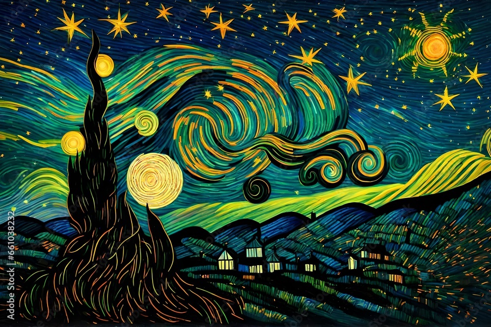 Poster night sky with fireworks with rolling hill in the background and fireworks - ai generative