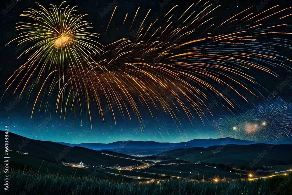 Poster night sky with fireworks with rolling hill in the background and fireworks - ai generative