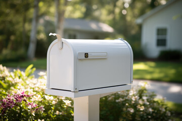 White Mailbox in Front of House with Pink Flowers, Generative AI