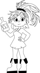 Funny and cute female pirate holding a bottle of rum. Coloring style