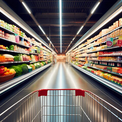 Shopper's perspective, POV, down a brightly lit grocery store aisle, with a shopping cart, fresh produce and packaged goods on display aisles