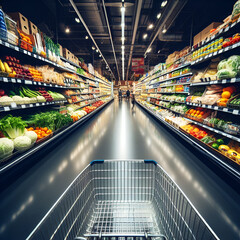 Shopper's perspective, POV, down a brightly lit grocery store aisle, with a shopping cart, fresh...