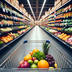 Shopper's perspective, POV, down a brightly lit grocery store aisle, with a shopping cart, fresh...