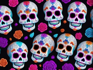 Papier Peint photo Crâne A Group Of Skulls With Colorful Flowers And Butterflies