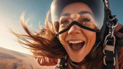 Foto op Plexiglas Selfie of a skydiving woman. Active life extreme sport fun adventure © ReneBot/Peopleimages - AI
