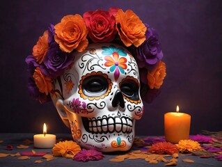 A Skull With Flowers And Candles On A Table