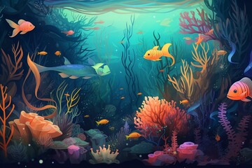 Fototapeta na wymiar Whimsical beauty of an underwater world in a realistic and imaginative cartoon artwork. Perfect for wallpaper, stories, and card designs. Generative AI