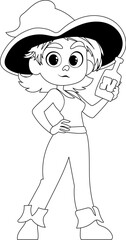 Funny and cute female pirate holding a bottle of rum. Coloring style