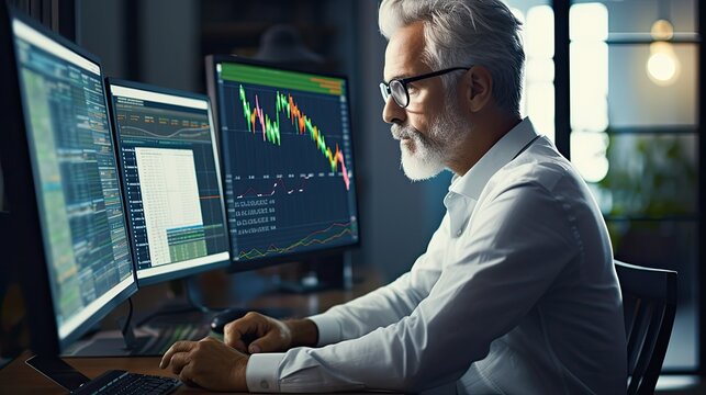 Busy serious middle aged business man financial investor, stock trader broker analyzing online market price thinking of investing money in digital crypto trading exchange checking funds value.