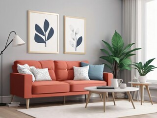 A Living Room With A Red Couch And Two Framed Pictures