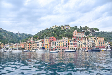 Fototapeta na wymiar Panoramic View to colorfully painted building and see, Portofino, Italy