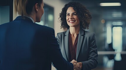Happy Smiling mature Latin business woman manager or lawyer handshaking client at office meeting. Smiling professional businesswoman and businessman shake having partnership agreement with handshake - obrazy, fototapety, plakaty