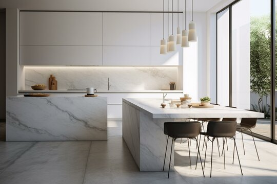 Minimalist modern kitchen interior design with white marble stone island, dining table, and chairs. Generative AI