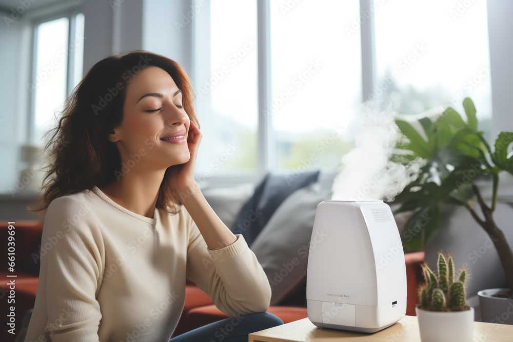 Poster A woman is seen adjusting the settings of a humidifier in her living room, seeking to control the uncomfortable levels of humidity