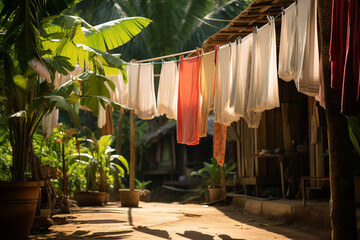 Clothes hang on a line, appearing to dry slowly as they absorb the moisture in the humid air surrounding them - obrazy, fototapety, plakaty