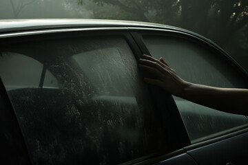 a hand is seen wiping off the fog that has built up on the inside of a car windshield, an everyday struggle on a humid morning - obrazy, fototapety, plakaty