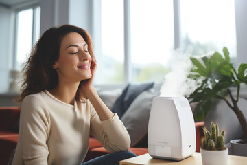 A woman is seen adjusting the settings of a humidifier in her living room, seeking to control the uncomfortable levels of humidity - obrazy, fototapety, plakaty