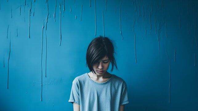 A teen suffering from depression infront of a blue background.generative ai
