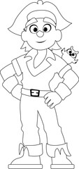 Funny and strict man pirate with a parrot. Coloring style