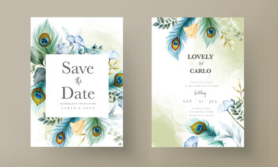 wedding invitation card with beautiful floral and peacock feather