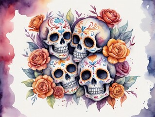Watercolor Skull With Roses