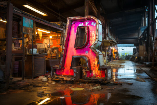 Captivating neon R sign being renovated in a vintage workshop.