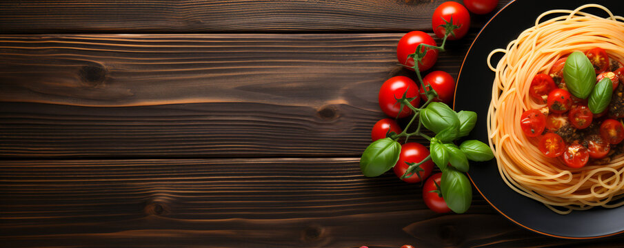 A dish of italian spaghetti with tomatoes and fresh basil on a dark wooden table