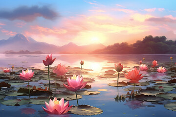 Lotus flowers on a lake in sunset