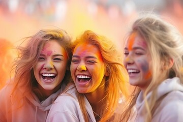 Fototapeta premium Festival Vibes: Friends Enjoying the Powder Splash, Creating Memorable Moments Amidst the Music and Colors