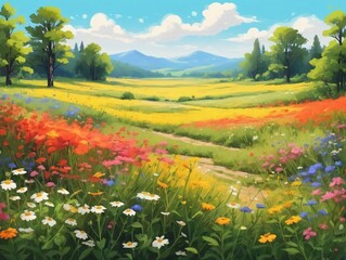 Obraz premium A Painting Of A Field With Flowers And Trees