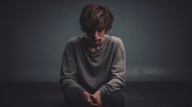 A teen suffering from depression infront of a grey background.generative ai
