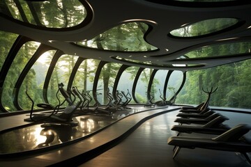 Contemporary gym in nature with futuristic lighting. Generative AI