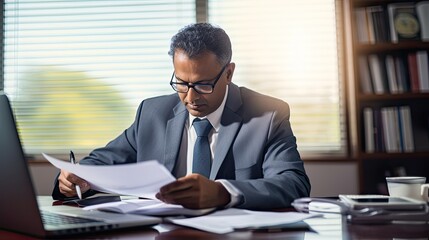 Indian business man, busy mature executive manager holding financial accounting papers checking banking income documents file report using laptop computer working in office sitting at desk