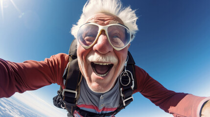 Selfie of a skydiving senior man. Extreme sport fun retirement adventure