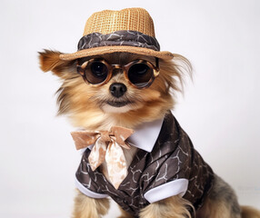 Elegant chihuahua dog dresses for special occasions on white background.Chihuahua dog wearing a hat and sunglasses.