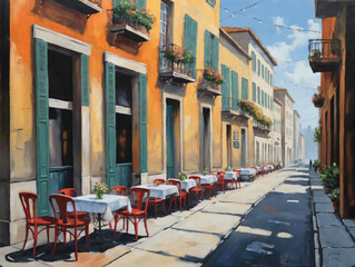 Fototapeta na wymiar A Painting Of A Street Scene With Tables And Chairs