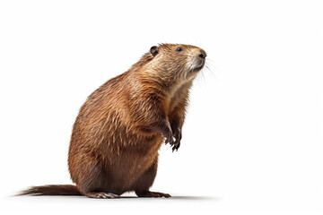 Beaver Standing on Hind Legs in a White Background - obrazy, fototapety, plakaty