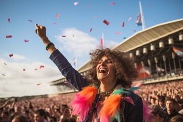 Obraz premium Festival Joy: Female Radiates Happiness, Lost in the Music's Embrace at a Vibrant Music Celebration