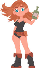 Funny and cute female pirate holding a bottle of rum. Cartoon style