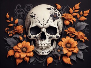 A Skull With Flowers And Leaves On It