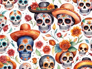 Watercolor Mexican Skulls Seamless Pattern