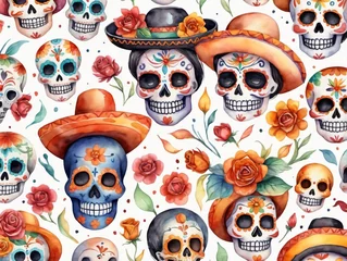 Photo sur Plexiglas Crâne aquarelle Watercolor Mexican Skulls Seamless Pattern
