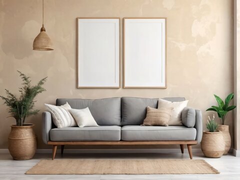 A Living Room With A Gray Couch And Two Framed Pictures