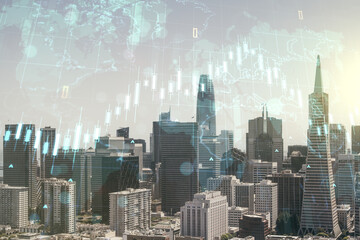 Multi exposure of abstract financial diagram and world map on San Francisco office buildings background, banking and accounting concept