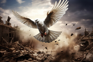 A white peace dove flying through a city war zone during a conflict